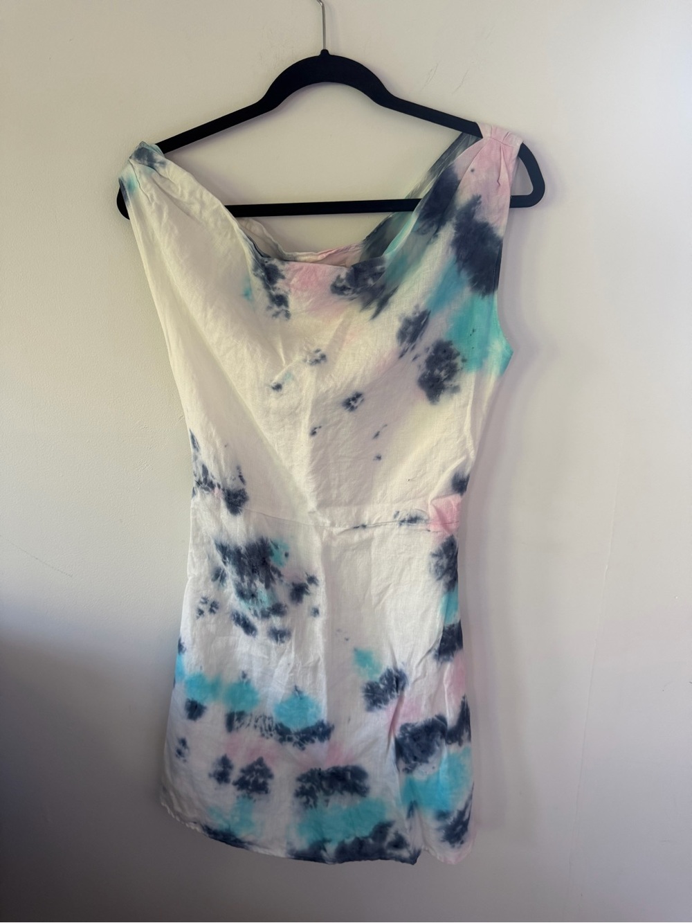 DISSH White Tie-Dye Cowl Neck Tank Dress with Blue, Pink & Black Accents